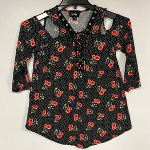 By & By Black floral polka dot,  with Silver Rivet lace up front Detail , S